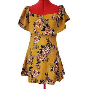 FOR JUSTICE Yellow Floral Short Mini Stretch Dress With Ruffle Collar Size M